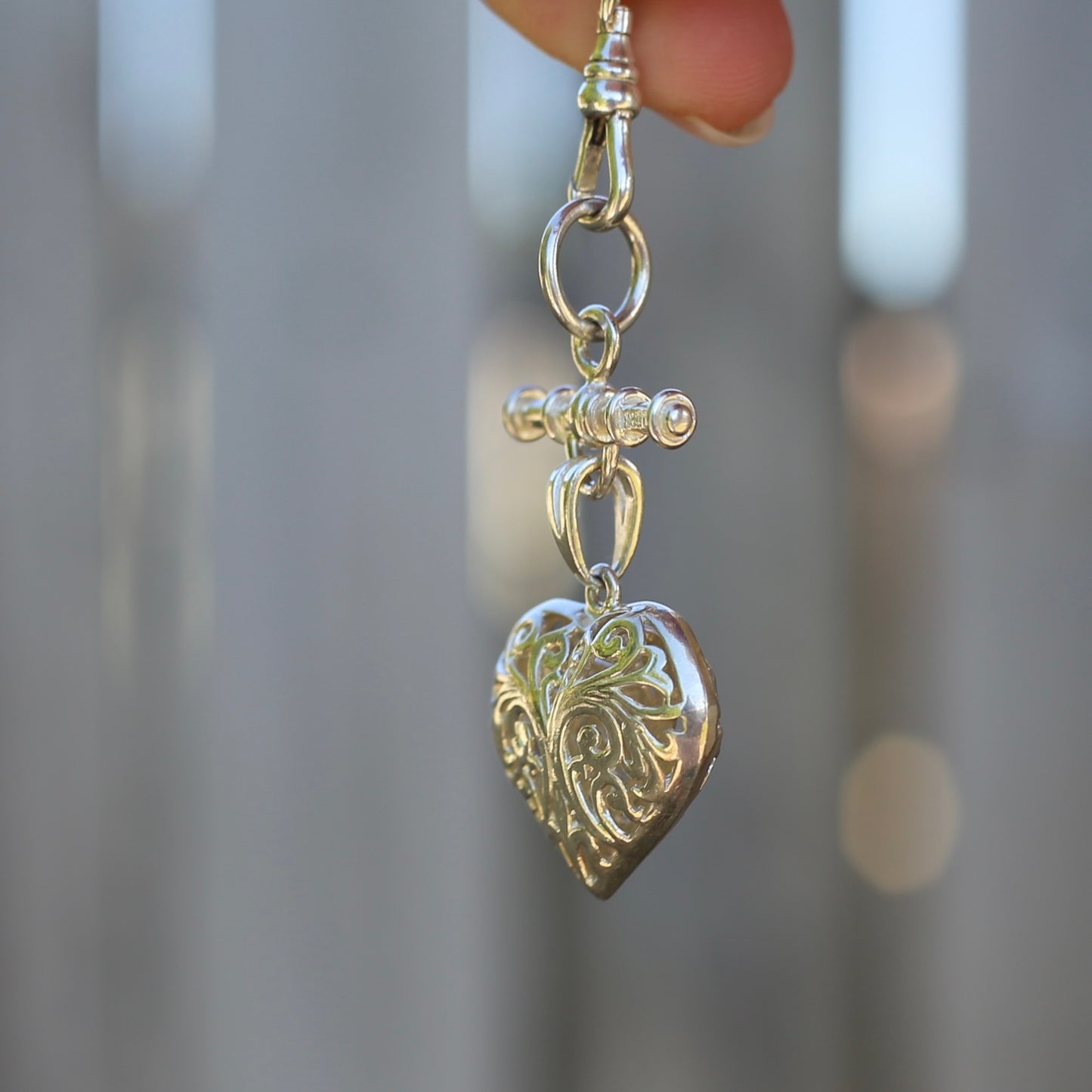 Modern Filigree Heart Fob with T-bar, 7.79g