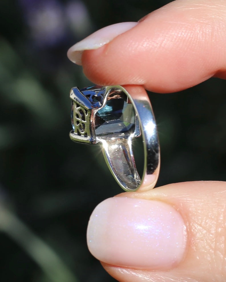5ct Cushion Cut Natural Blue Topaz Ring, Sterling Silver, size N or 6.75, 5.02g