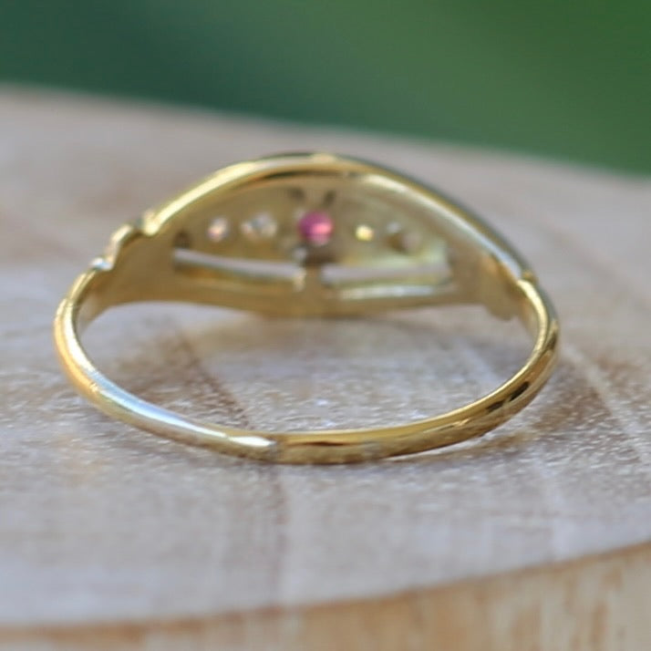 Antique Boat Ring with Four Old Cut Diamonds and an Old Cut Pink Topaz, 18ct Yellow and White Gold, size 7 or N1/2