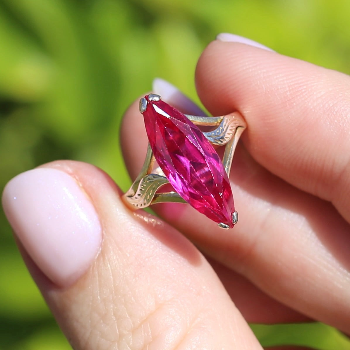 Mid Century Russian Synthetic Ruby Ring, 14ct Rosey Gold, size L1/2 or 6