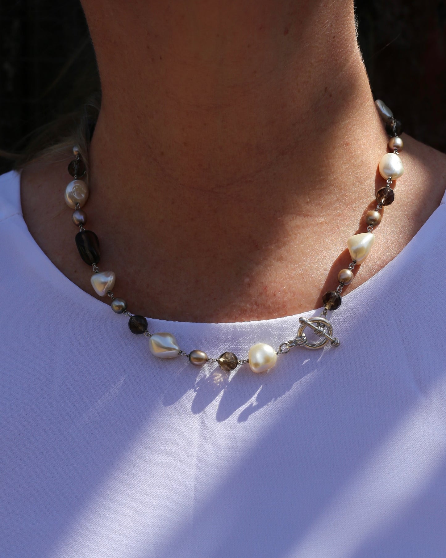 Baroque White Pearl, Grey Pearl and Smoky Quartz Neckalce, Silver Clasp and Findings, 43g