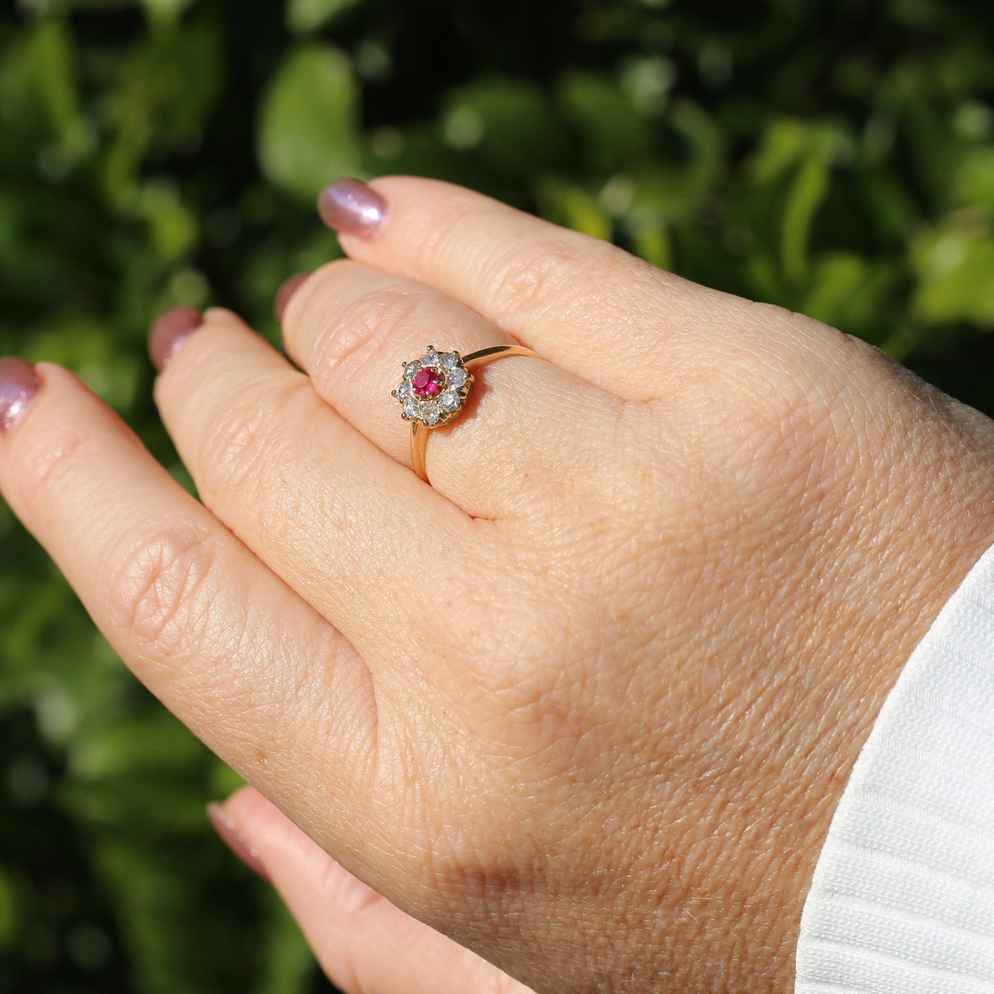 Antique Ruby and Old Cut Diamond Cluster, 15ct Yellow Gold, size O or 7.25 with valuation