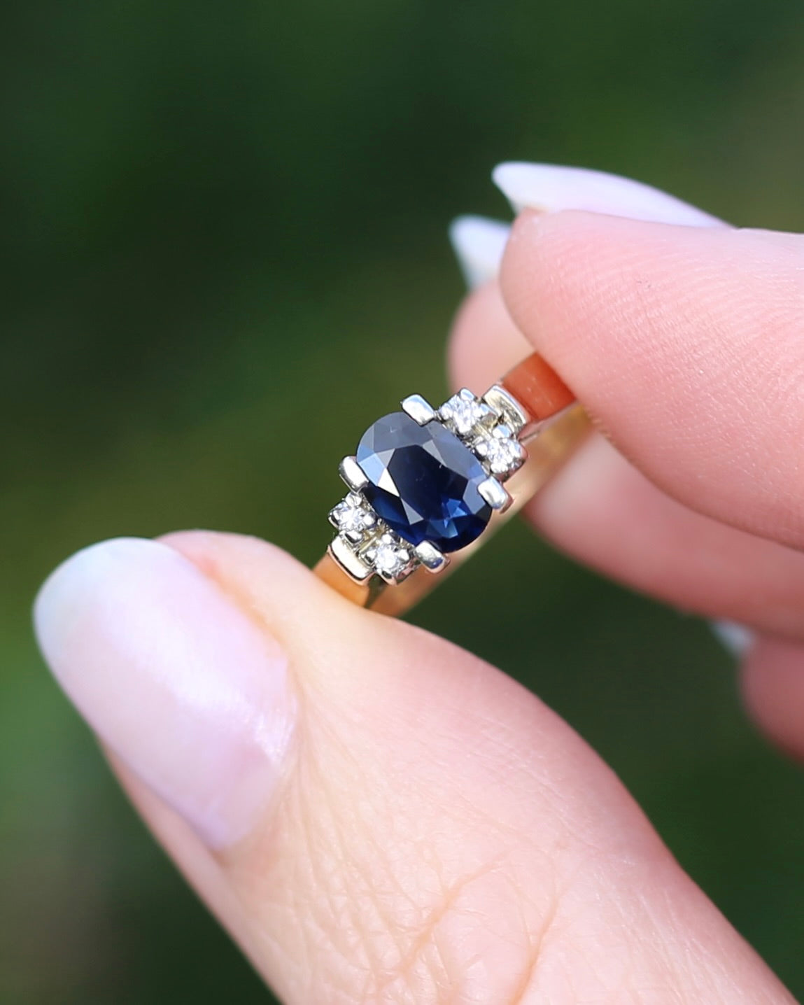 Circa 1970s Natural Sapphire and Diamond Ring, 9ct Yellow and White Gold, size M or 6.25, 4.19g