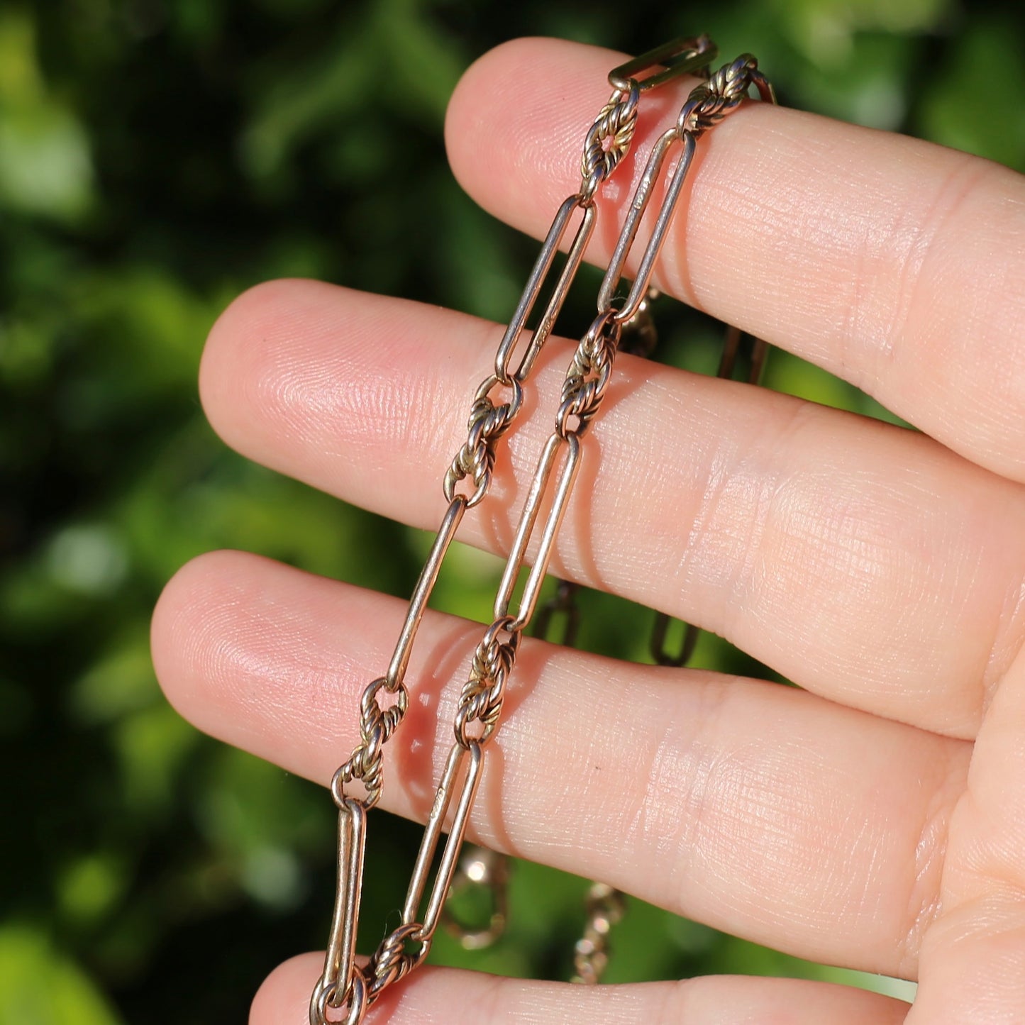 Old Rosey Gold Fancy Link Watch Chain with sliding T-bar and Spinning Fob, 9ct Old Rosey Gold, 19.63g