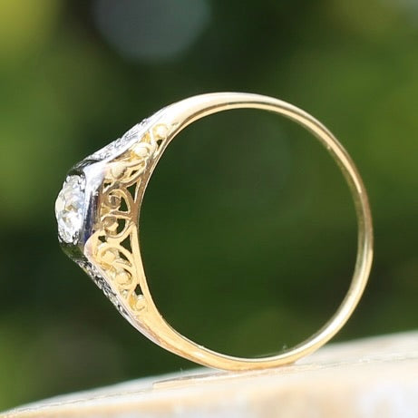 Antique Circa 1915 Old European Cut Solitaire, 18ct White and Yellow Gold, size M1/2 or 6.5