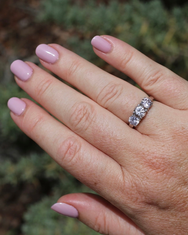3.7ct Pale Pink Australian Zircon Trilogy Ring, 10ct and 18ct White Gold, size O or just over 7, 3.72g