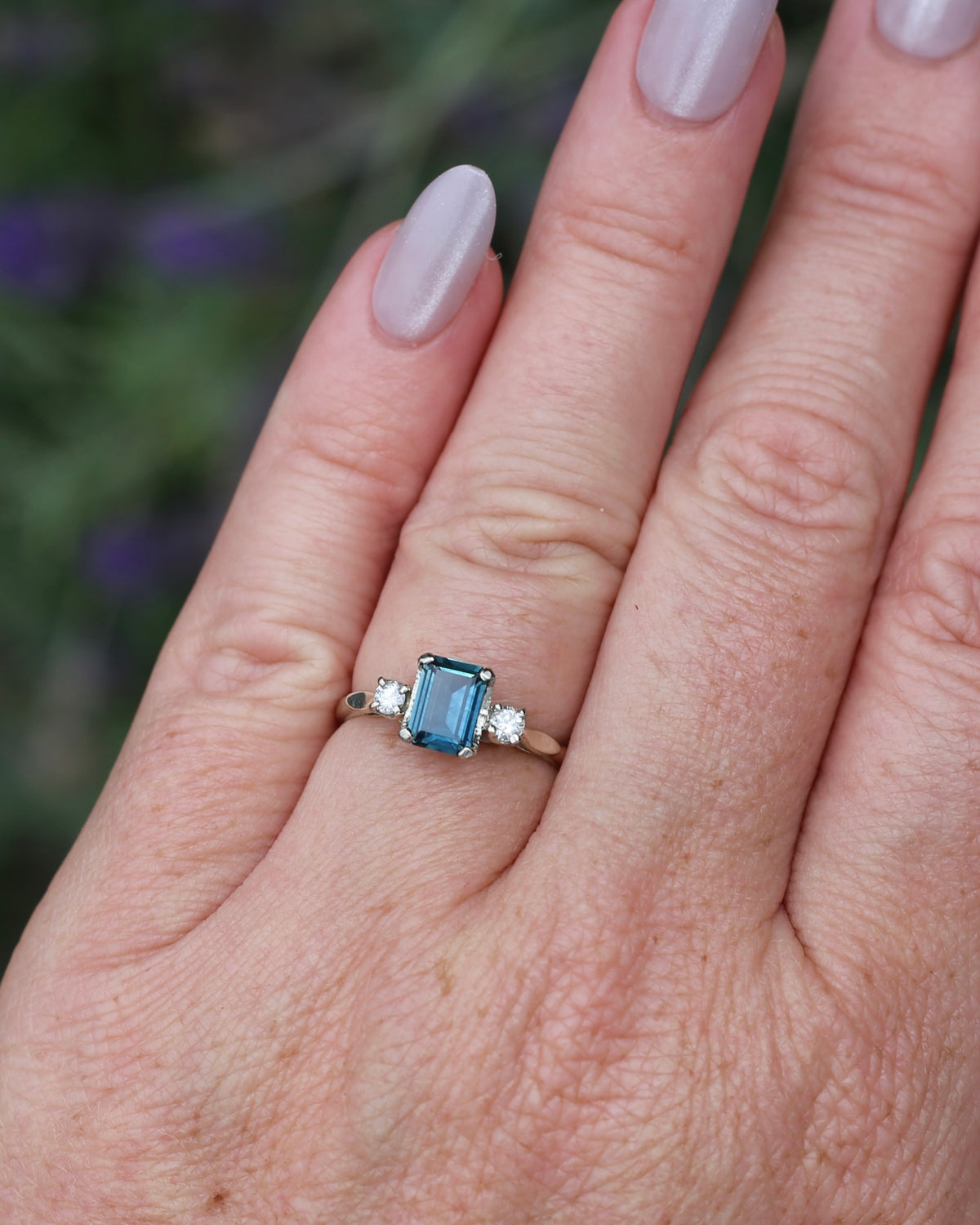 1.1ct Emerald Cut Natural Blue Teal Sapphire and Diamond Trilogy, 18ct White Gold and Platinum, size O or just over 7, 2.27g