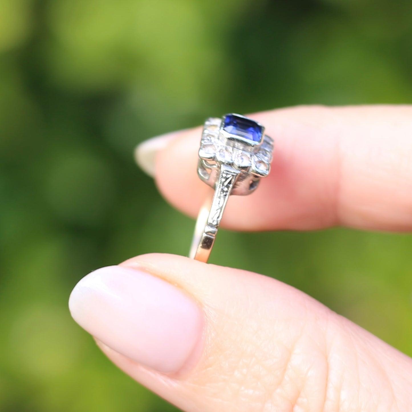 1930s Mixed Metal, Sapphire and White Spinel Halo Ring, 9ct Yellow and White Gold, size J1/2 or 5