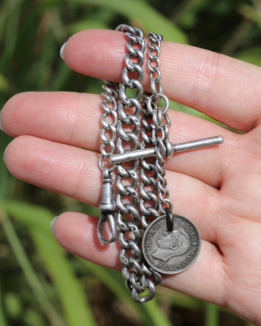 1907 Single Graduated Chester Made Curb Watch Chain with T-bar and 1945 Threepence and Single Albert Clasp, 30cm or 11.75 inches, 30.54g