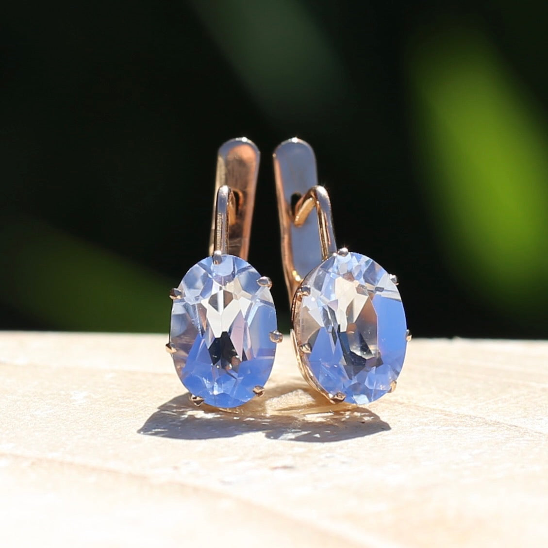 Vintage Russian Pale Lilac Blue Spinel Earrings with Lever Backs, 14ct Rosey Gold, 3.03g