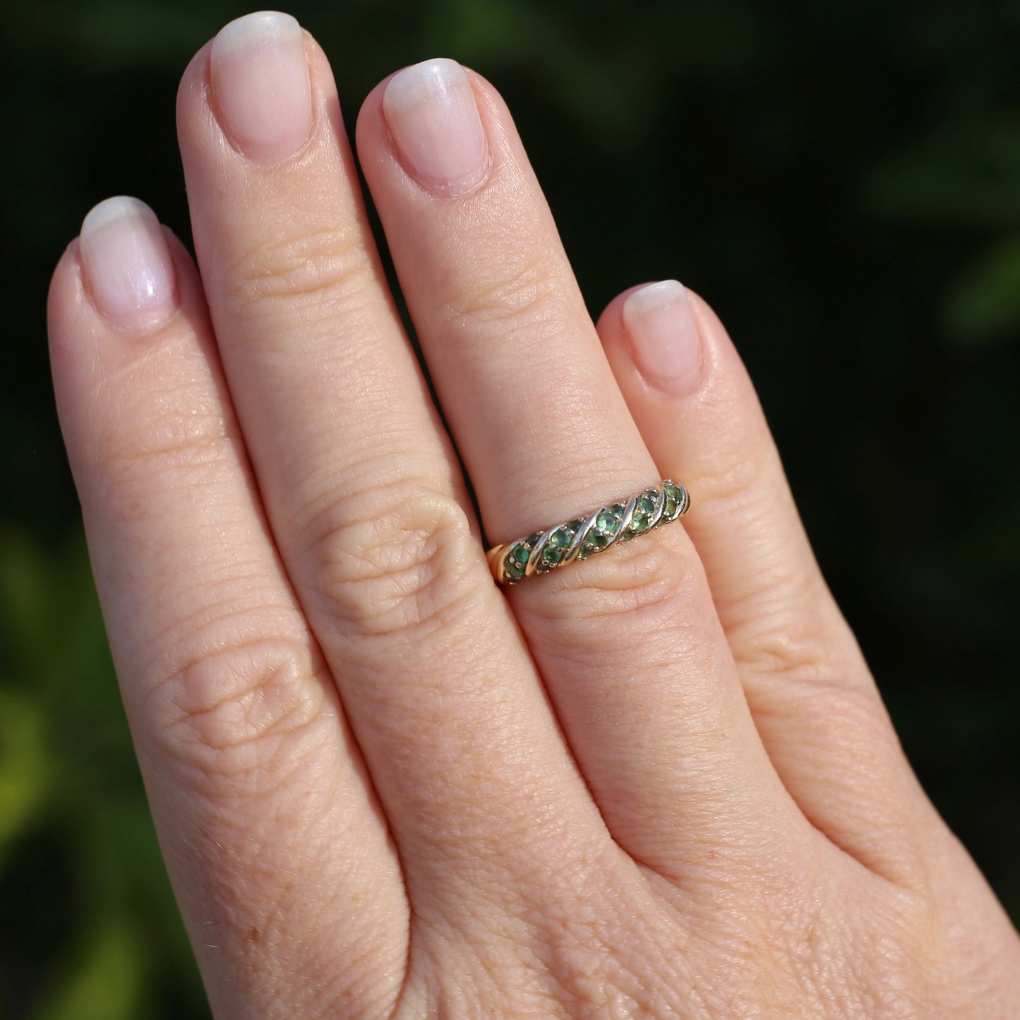 On hold Green Chrome Diopside or Garnet Rope Set Ring, 9ct Yellow Gold, size N or 6.75