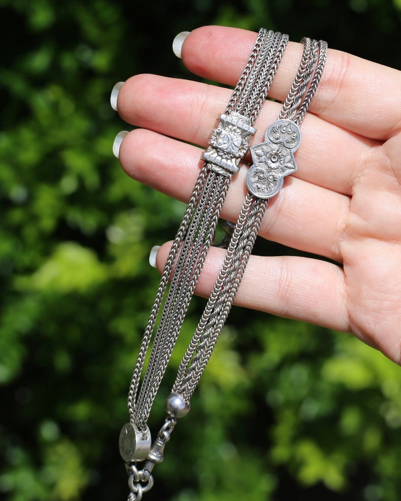 Antique 1901 Double Albertina Necklace with T-bar and Tassel, Sterling Silver, 43.75g
