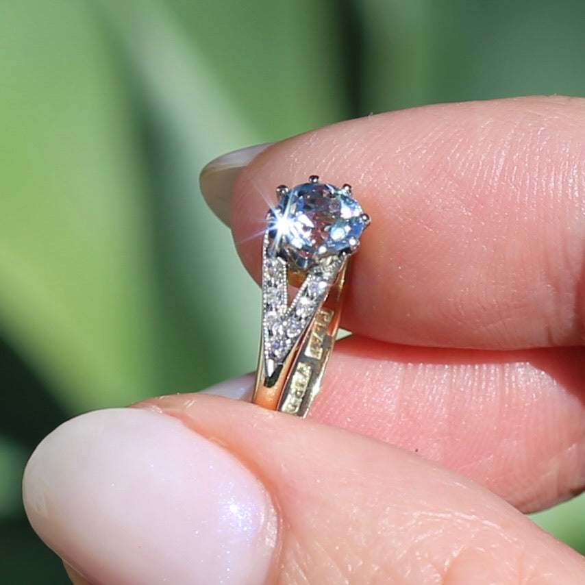 Pristine Early Australian 1930s Dunklings Blue Zircon & Diamond RIng, size L or just over 5.5