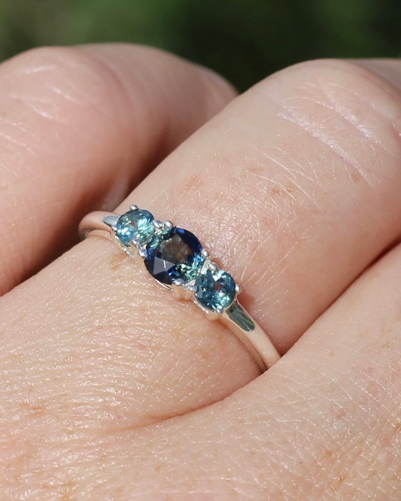 0.85ct Natural Parti Sapphire Trilogy Ring, Sterling Silver, size Q or 8.25, 1.98g