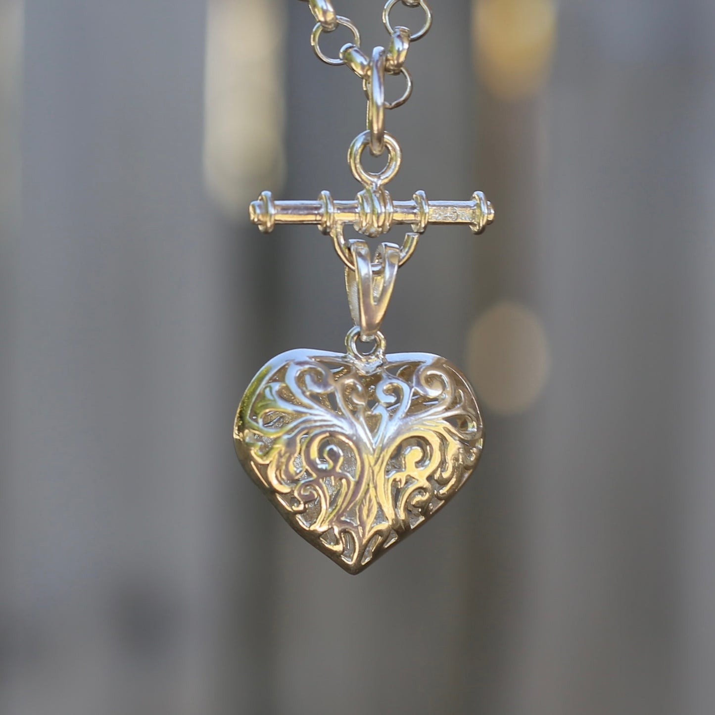 Modern Filigree Heart Fob with T-bar, 7.79g