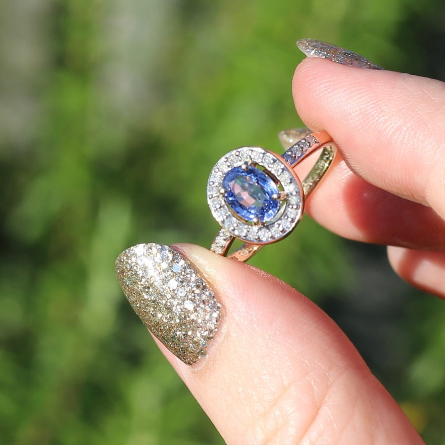 Sapphire and Single Cut Diamond Halo, 9ct Yellow Gold, size 10.25 or just bigger than U