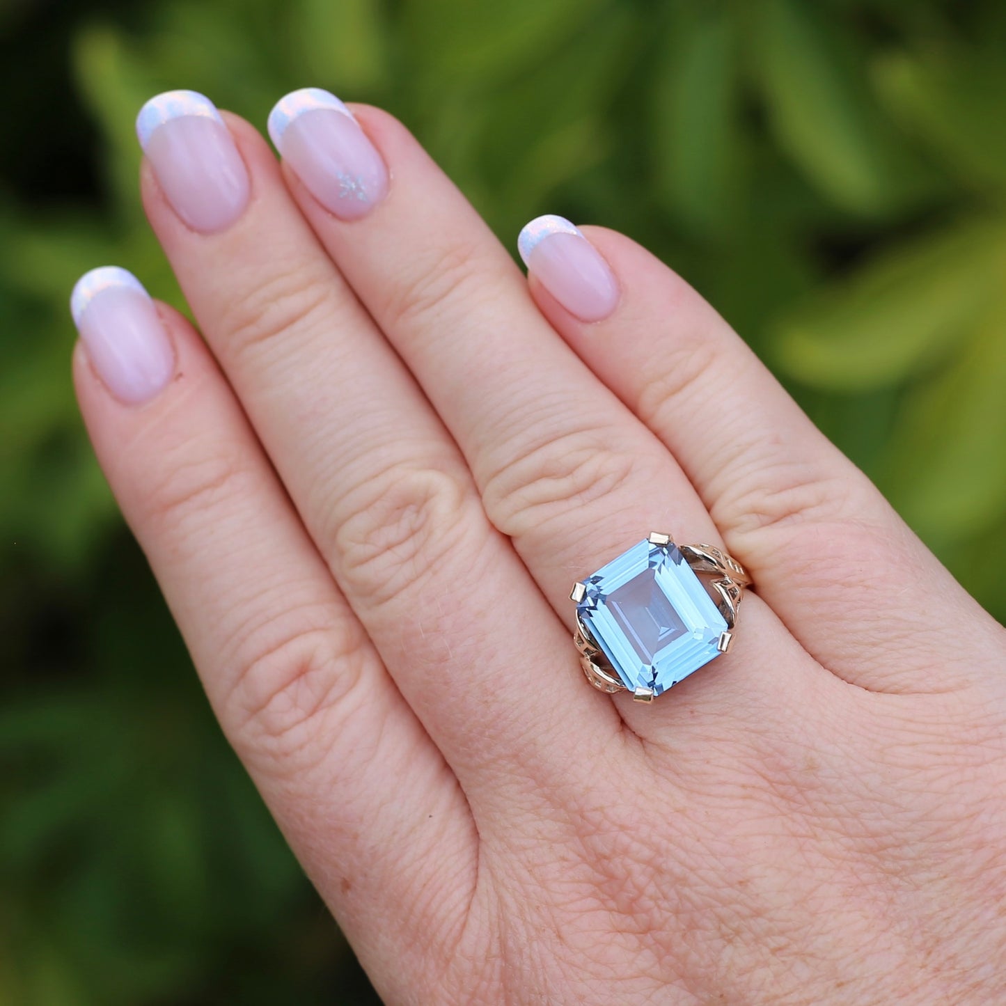 Mid Century Emerald Cut Blue Spinel Cocktail Ring, size N1/2 or 6.75