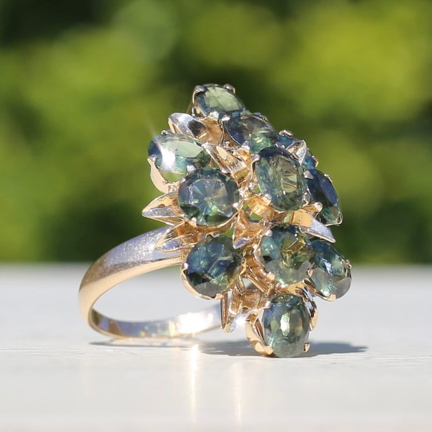 Brutalist Natural Green Sapphire Retro Ring, 14ct Yellow Gold, size 8 or Q