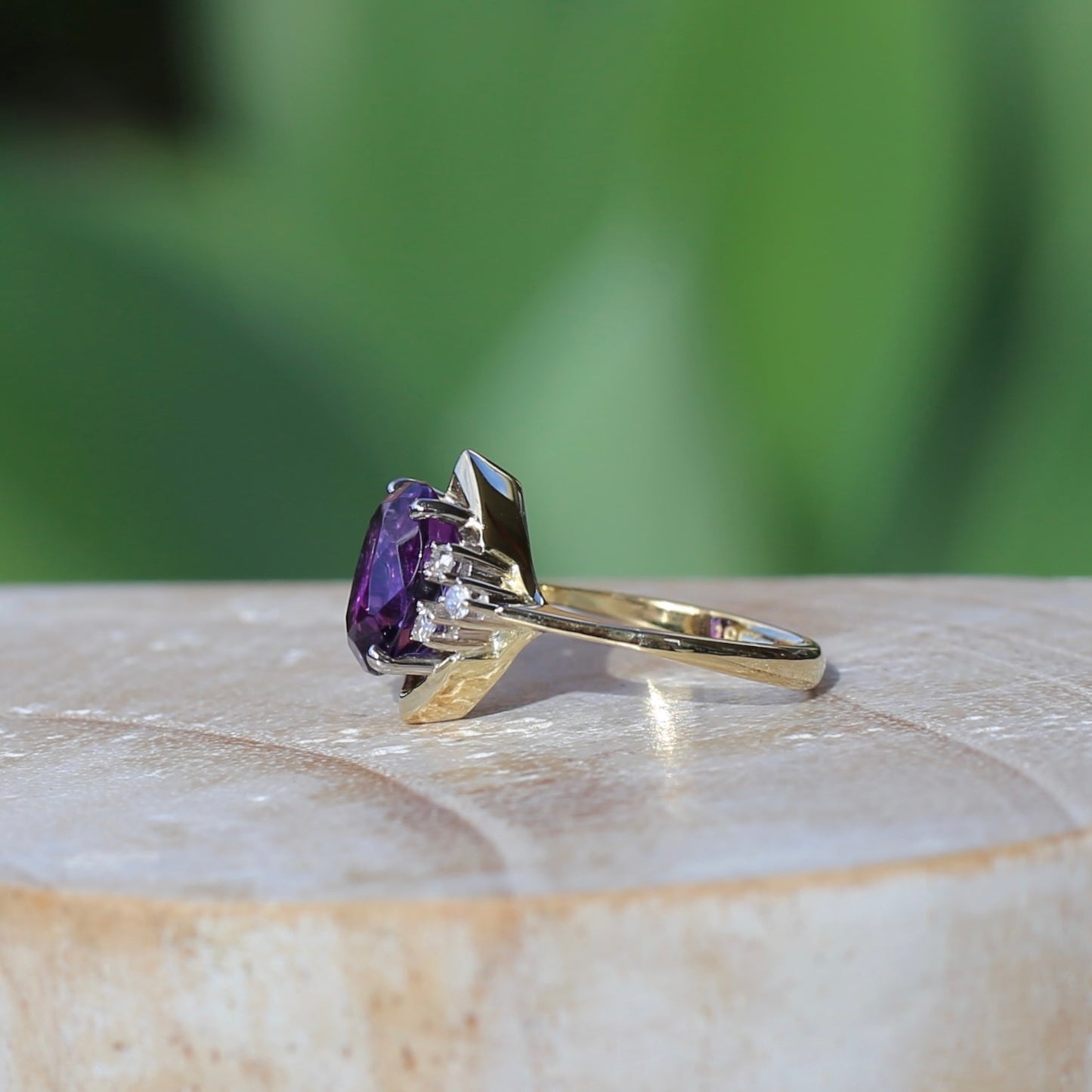 Vintique Oval Amethyst and Diamond Ring, 18ct Yellow Gold, size K1/2 or 5.5