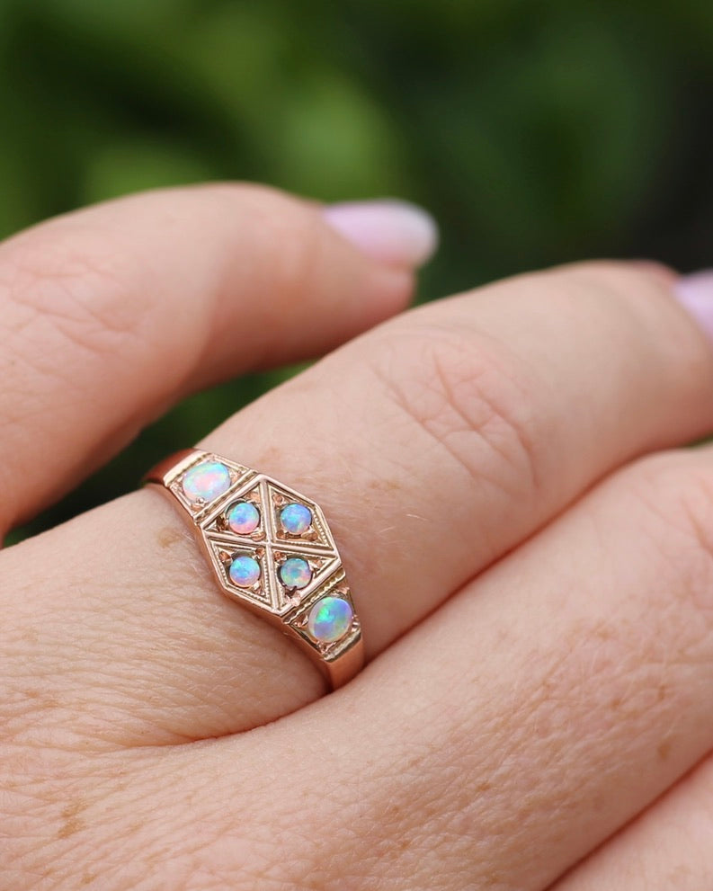 Outstanding Opals in Birmingham Made Rose Gold Shield Faced Ring, 9ct Rose Gold, size Q or 8.25, 2.57g