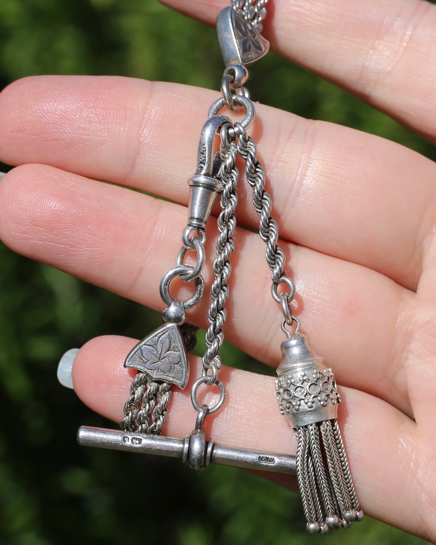 Amazing 1884 Silver Albertina with T-bar and Tassel, 19.5cm or just over 7.5 inches to jump ring, 20.4g