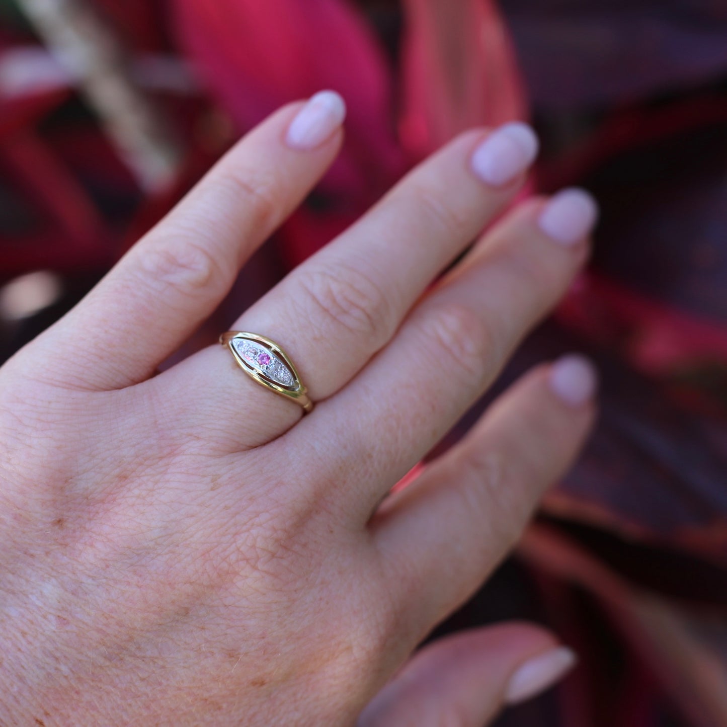 Antique Boat Ring with Four Old Cut Diamonds and an Old Cut Pink Topaz, 18ct Yellow and White Gold, size 7 or N1/2