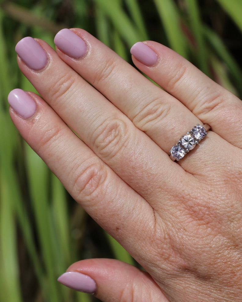 3.7ct Pale Pink Australian Zircon Trilogy Ring, 10ct and 18ct White Gold, size O or just over 7, 3.72g