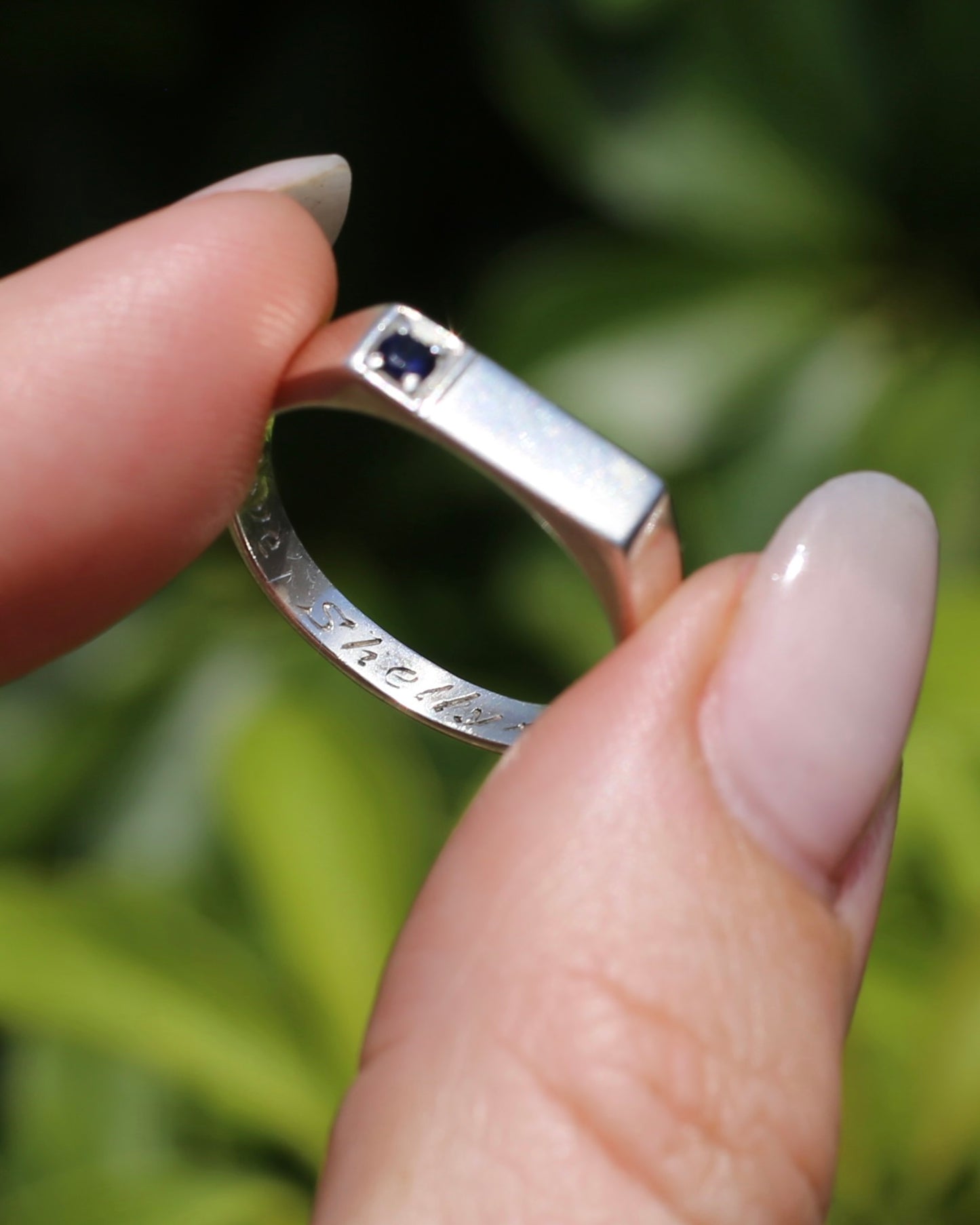 Narrow Silver Signet Ring with Sapphire, Sterling Silver, size 10.5 or V, 3.9g