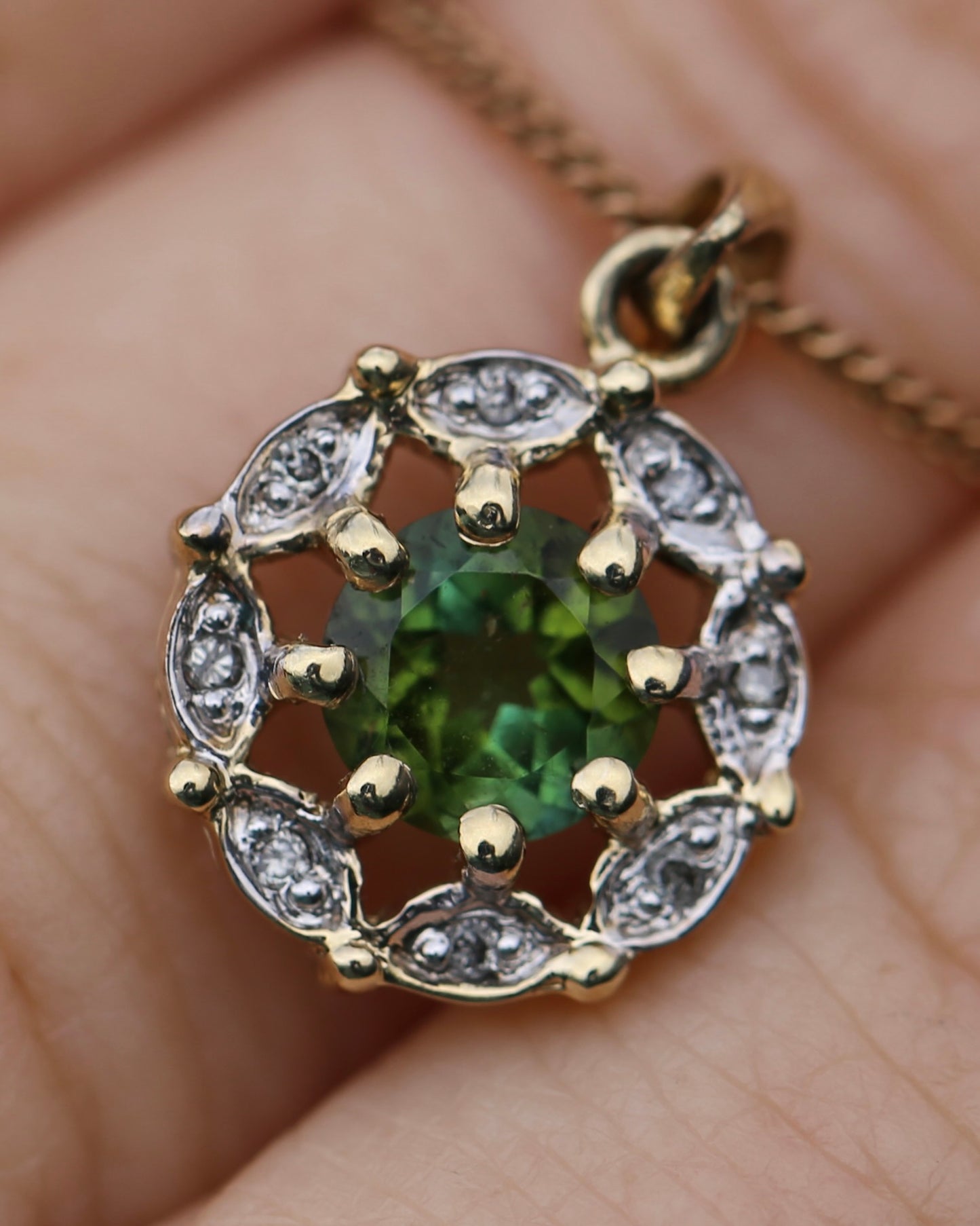 Vintage 0.7ct Green Tourmaline and Diamond Pendant, 9ct Yellow Gold, 1.15g
