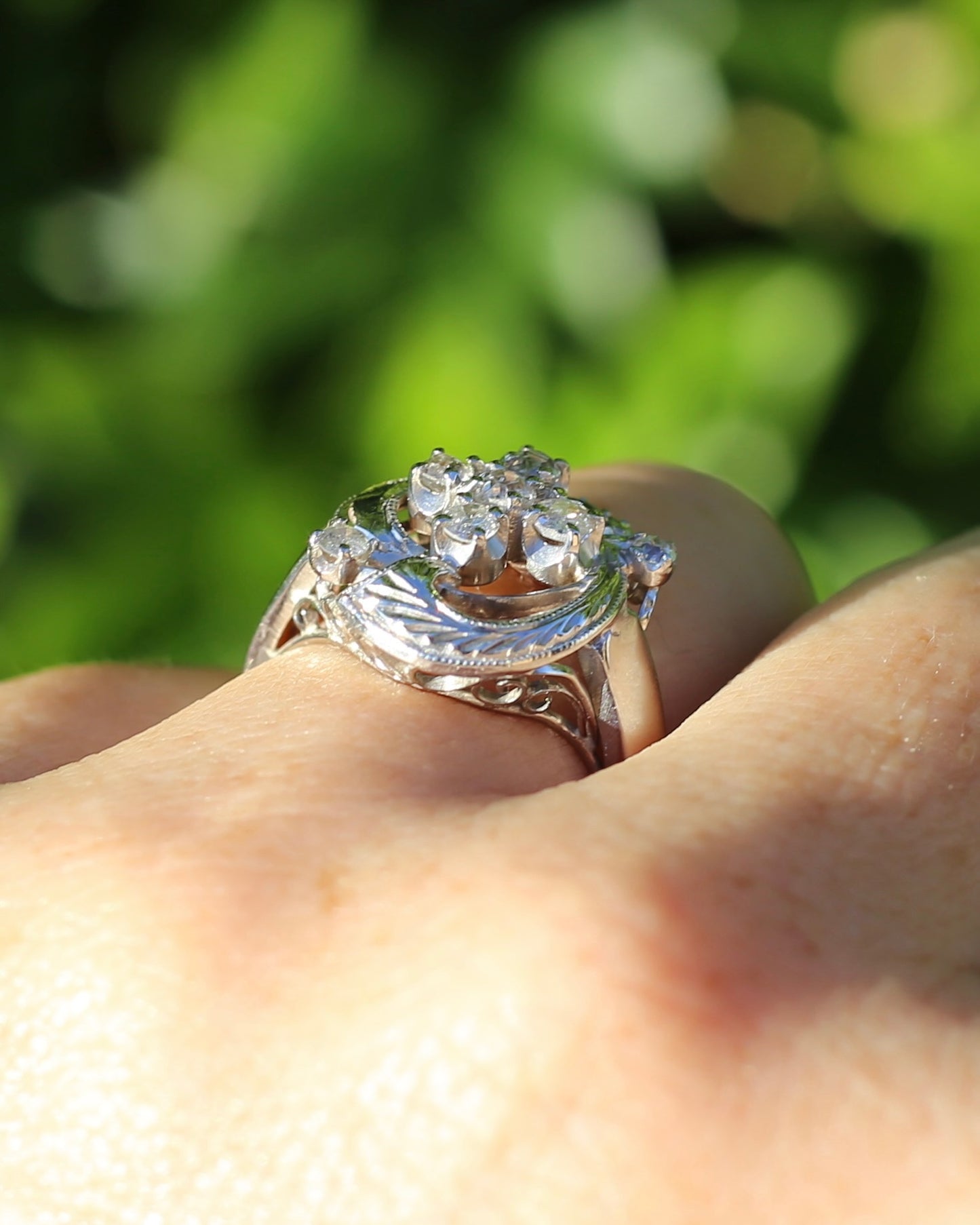 Old Cut and Early Brilliant Cluster Clover Ring, 9ct White Gold, size O or 7