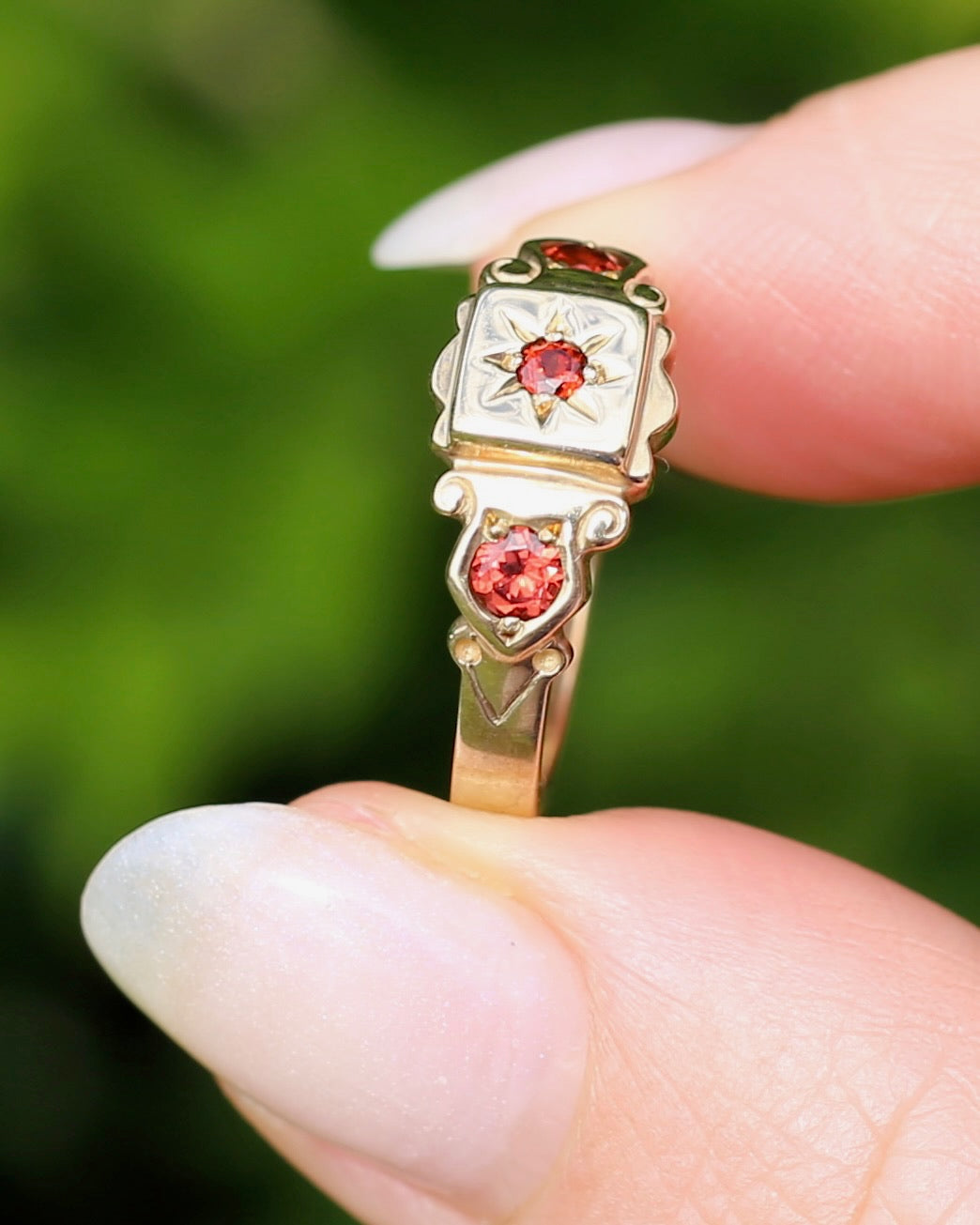 Victorian Revival Garnet Trilogy Star Set Ring, 9ct Yellow Gold, size O1/2 or just over 7.25