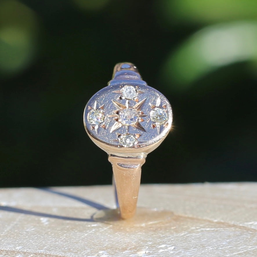 Early Australian Joseph Lawrence Signet Ring, Star Set with 5 Old Cut Diamonds, size T or 9.5