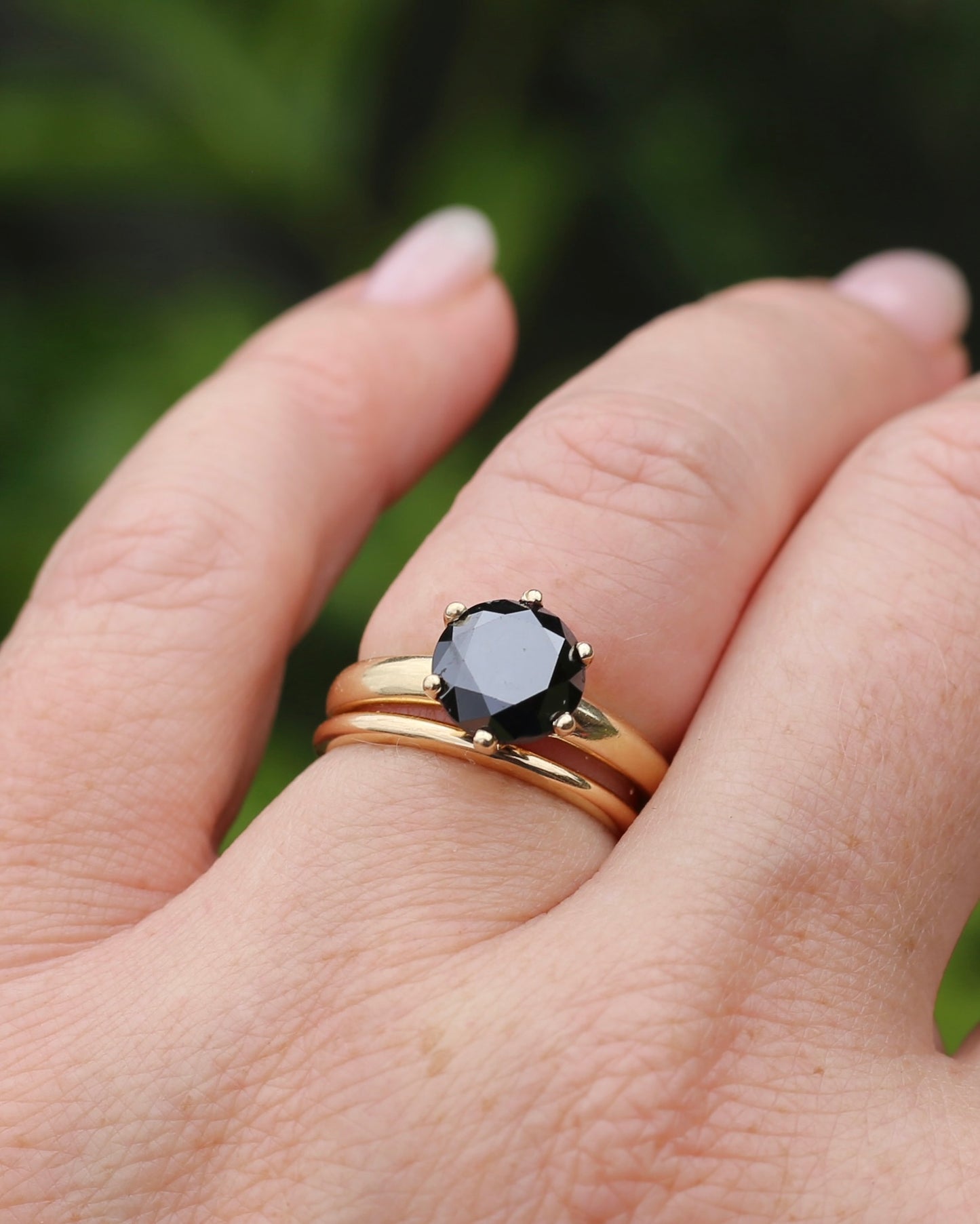 Black Moissanite Solitaire, 6 claw set 14ct Yellow Gold, size N1/2 or nearly 7, 3.63g