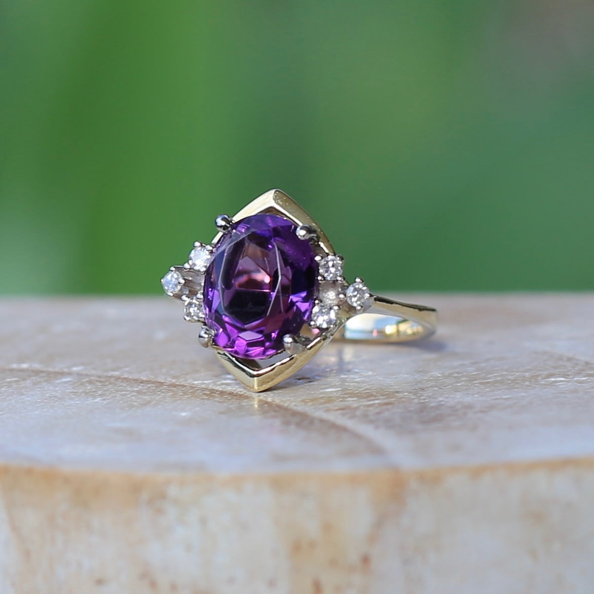 Vintique Oval Amethyst and Diamond Ring, 18ct Yellow Gold, size K1/2 or 5.5