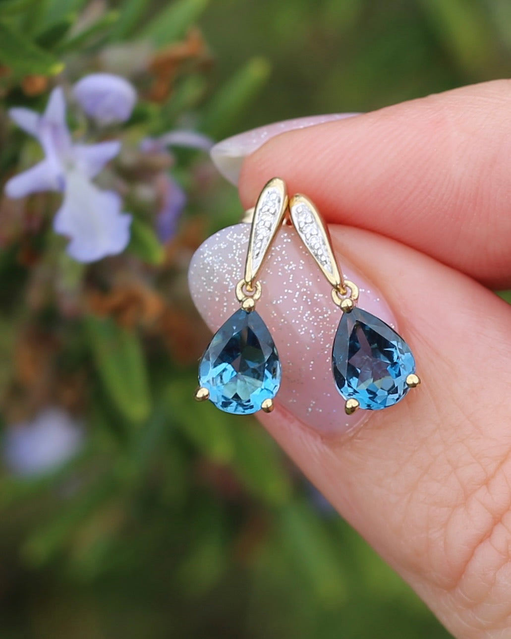 Pear Cut London Blue Topaz Earrings on Illusion Diamond Set Stud Posts, 9ct Yellow Gold, 14ct YG butterflies, 1.87g