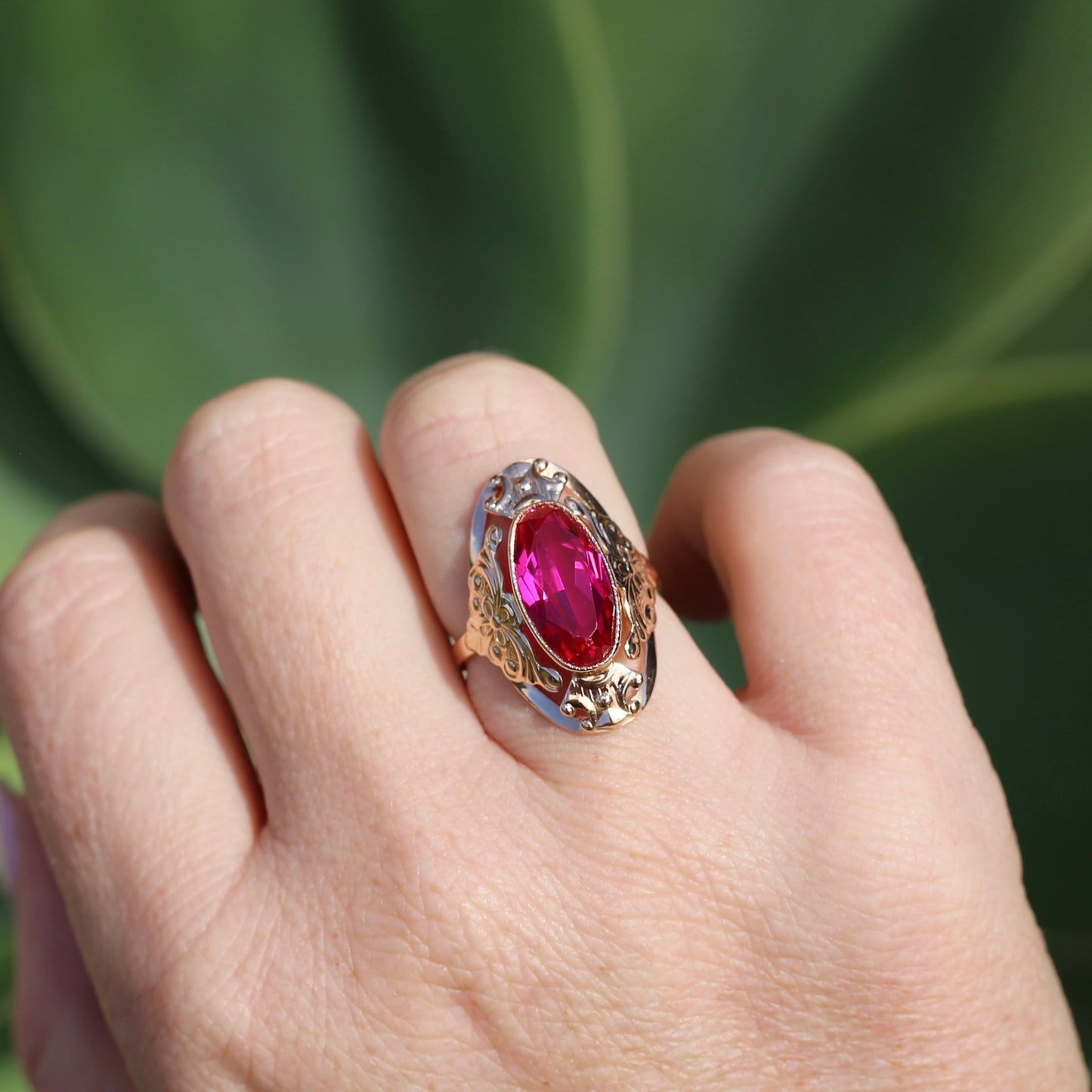 Mid Century Russian Oval Synthetic Ruby in Rosey Gold Floral Setting, 14ct Old Rosey Gold, size N1/2 or 7