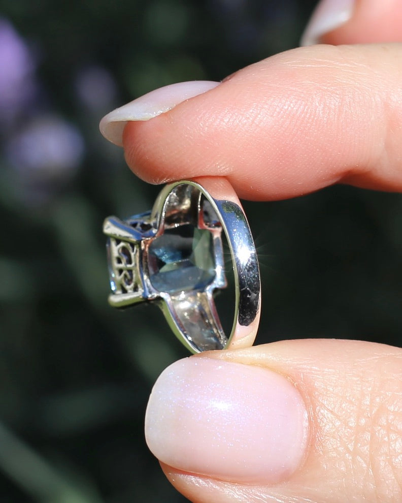 5ct Cushion Cut Natural Blue Topaz Ring, Sterling Silver, size N or 6.75, 5.02g