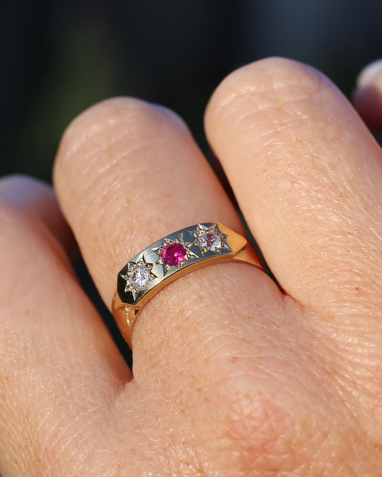 1873 15ct Band with 18ct Trilogy Old Cut Star Set Addition, 15 & 18ct Gold, size R1/2 or 8.75 (fits slightly smaller)
