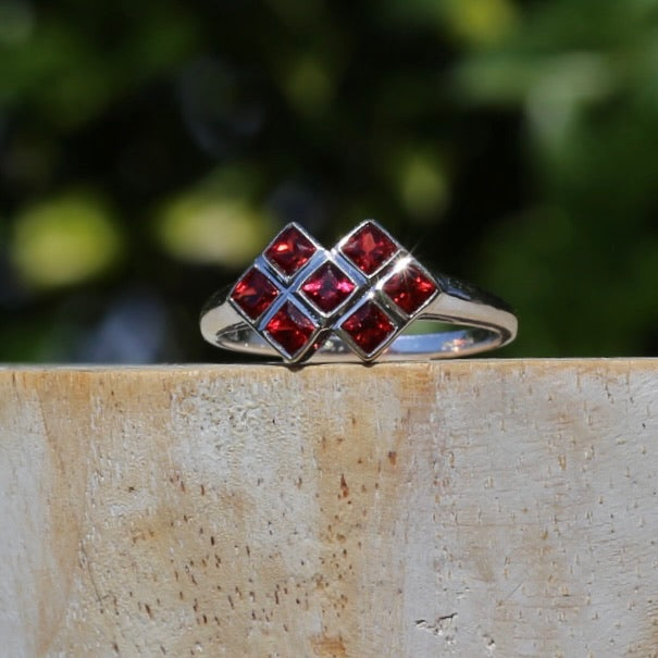 Modern Princess Cut Checkerboard Ruby Ring, 9ct White Gold, size Q or 8.25