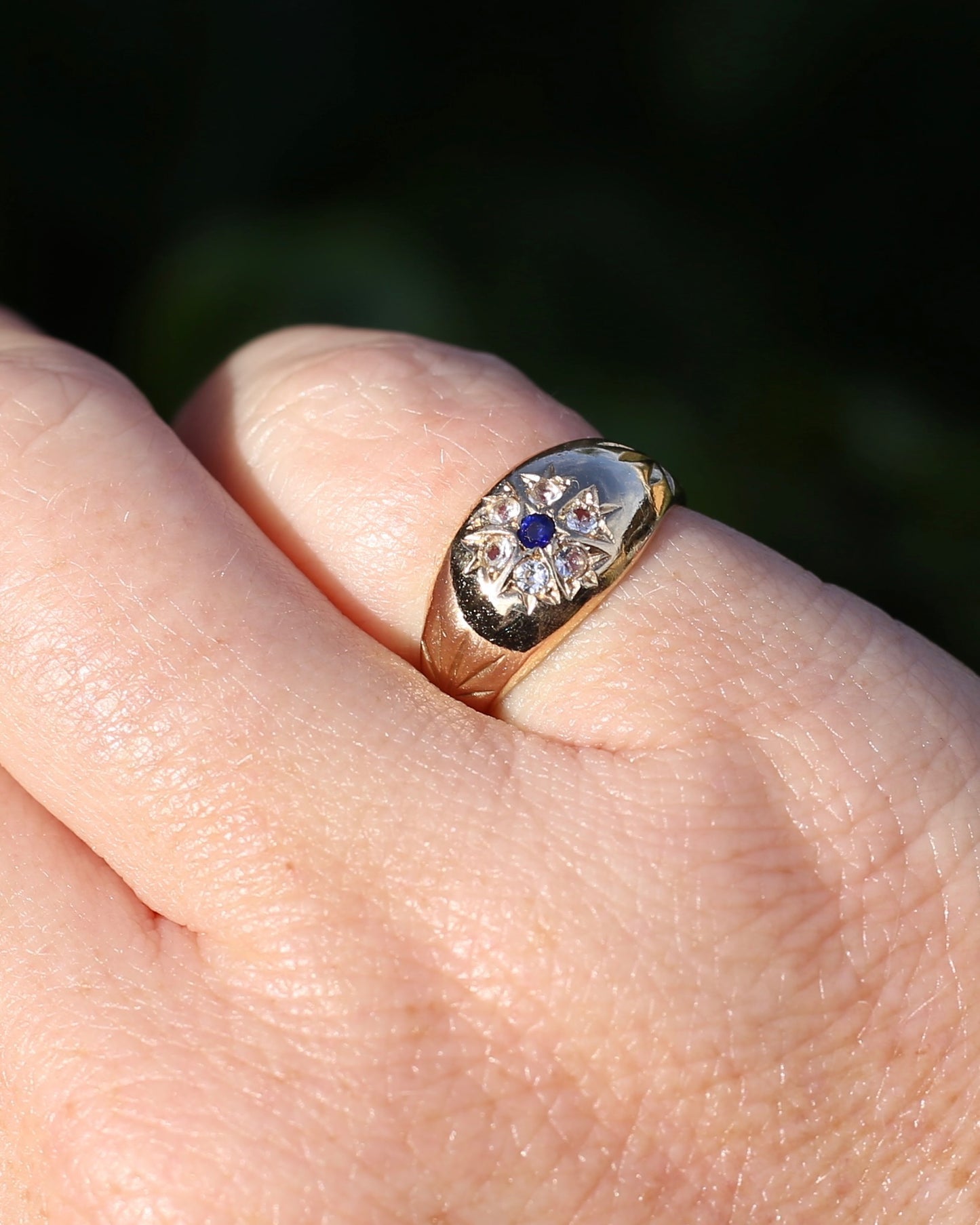 Vintage 1994 Birmingham Made Sapphire and White Stone Floral Cluster in Domed Ring, 9ct Yellow Gold, size J1/2 or 5