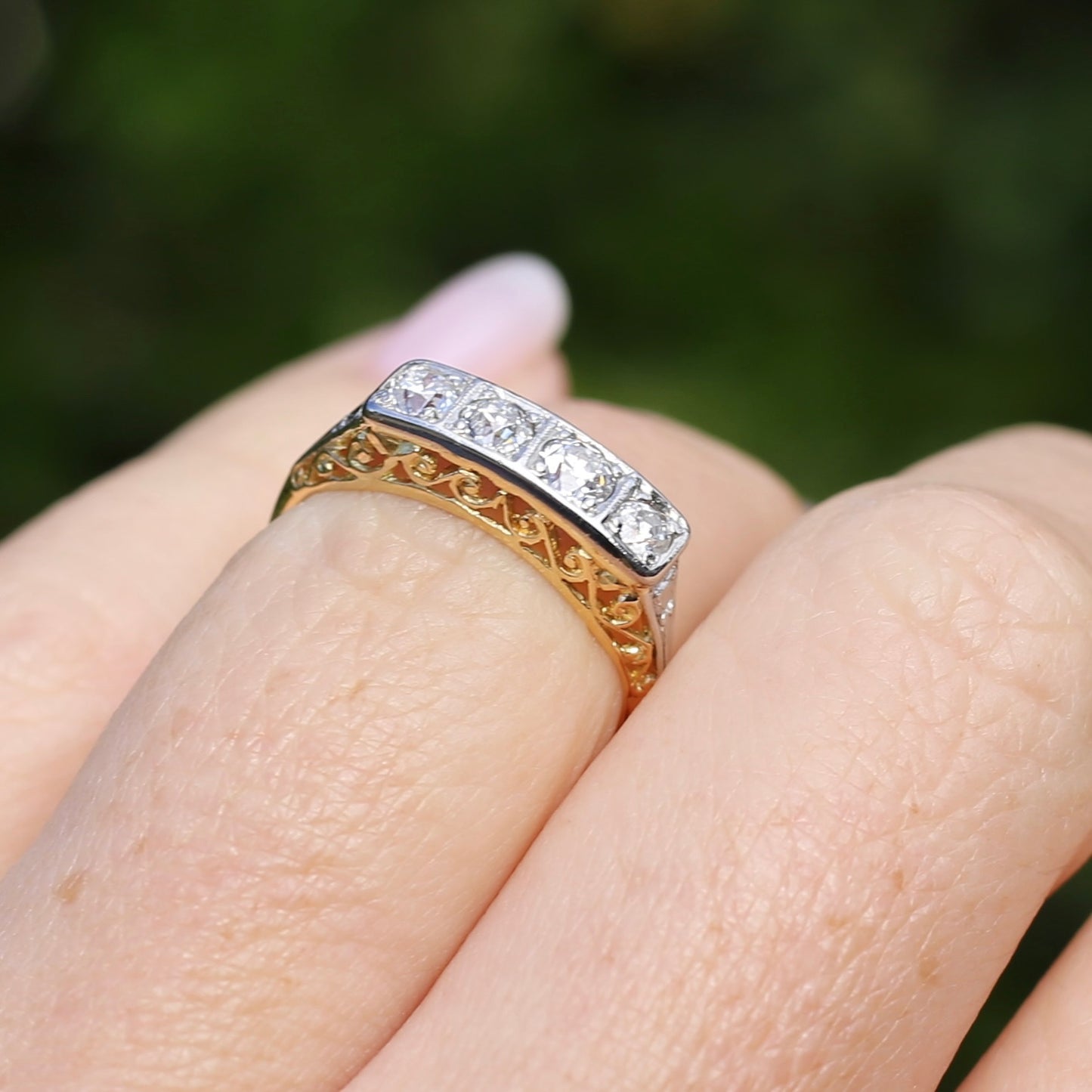 1930s 4 Stone Transitional Cut Diamond Mixed Metal Ring, 18ct Yellow Gold & Platinum, size M or just bigger than 6