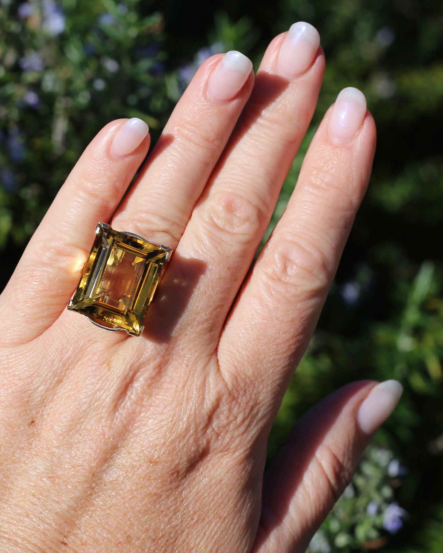 35ct Rectangular Step Cut Vivid Citrine in Chunky Vintage 9ct Yellow Gold Ring, size N1/2 or 7, 15.12g