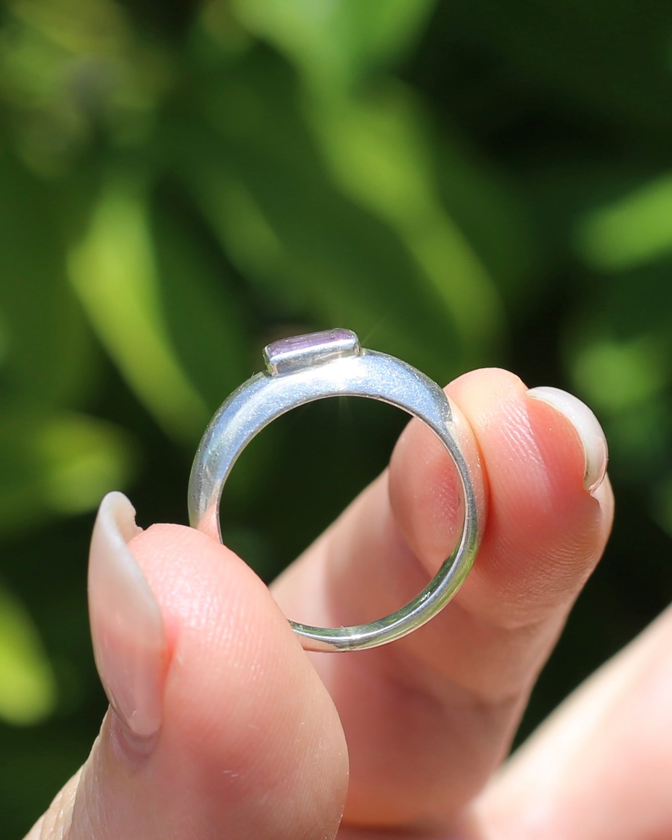 Chunky Emerald Cut Amethyst East West Bezel Set Ring, Sterling Silver, size O or 7.25, 6.1g