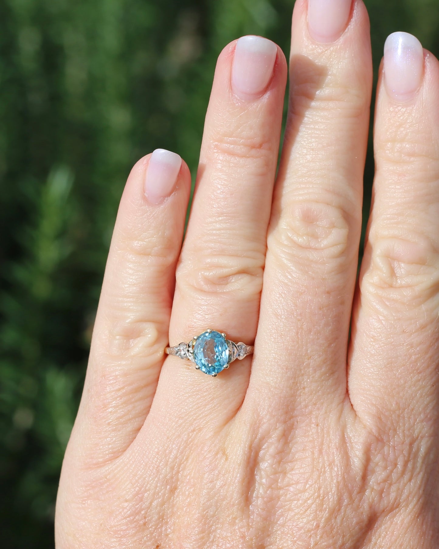 Circa 1930s Art Deco Blue Zircon and Diamond Ring, 18ct size just over M1/2 or 6.5, 2.80g