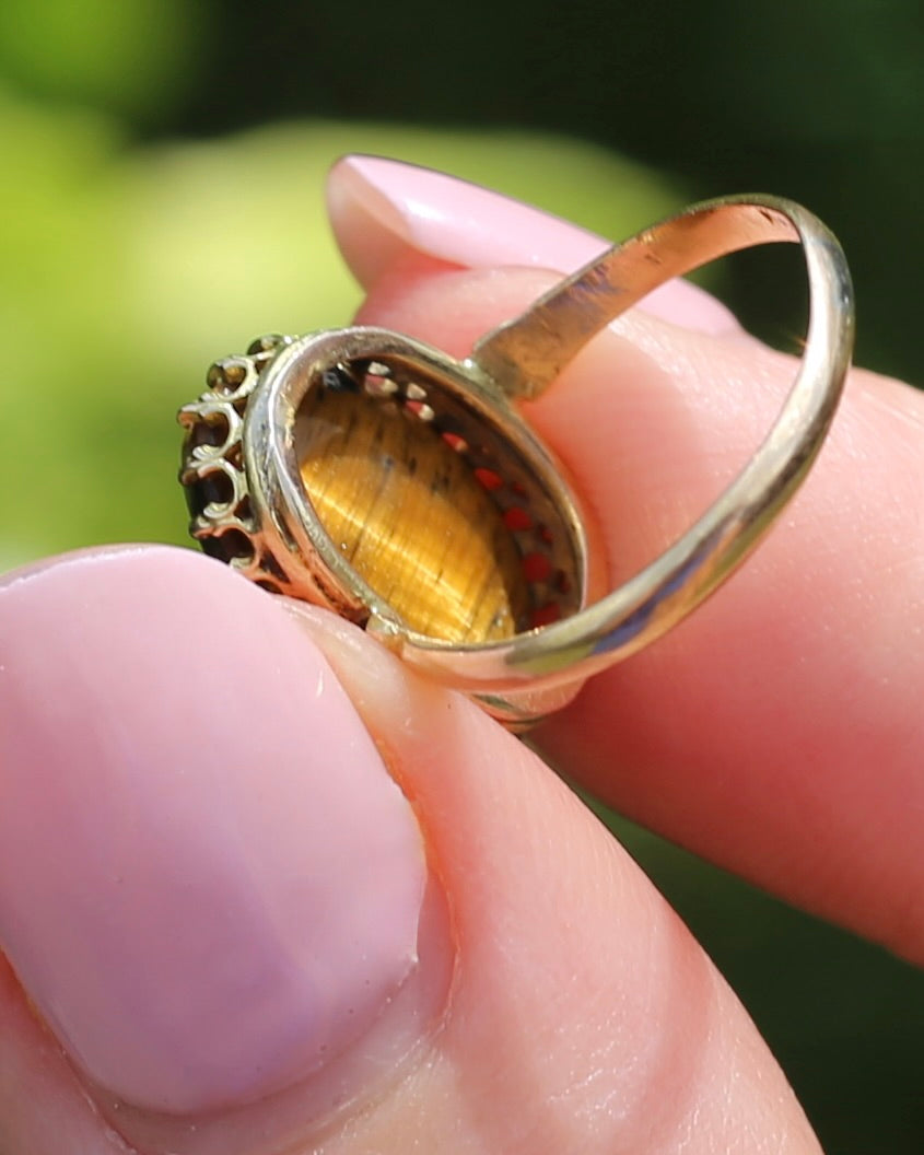 Second Glance - Antique Birmingham Made 1922 Tiger Eye Cabochon Ring, 15ct Yellow Gold, size I or 4.25, 2.27g