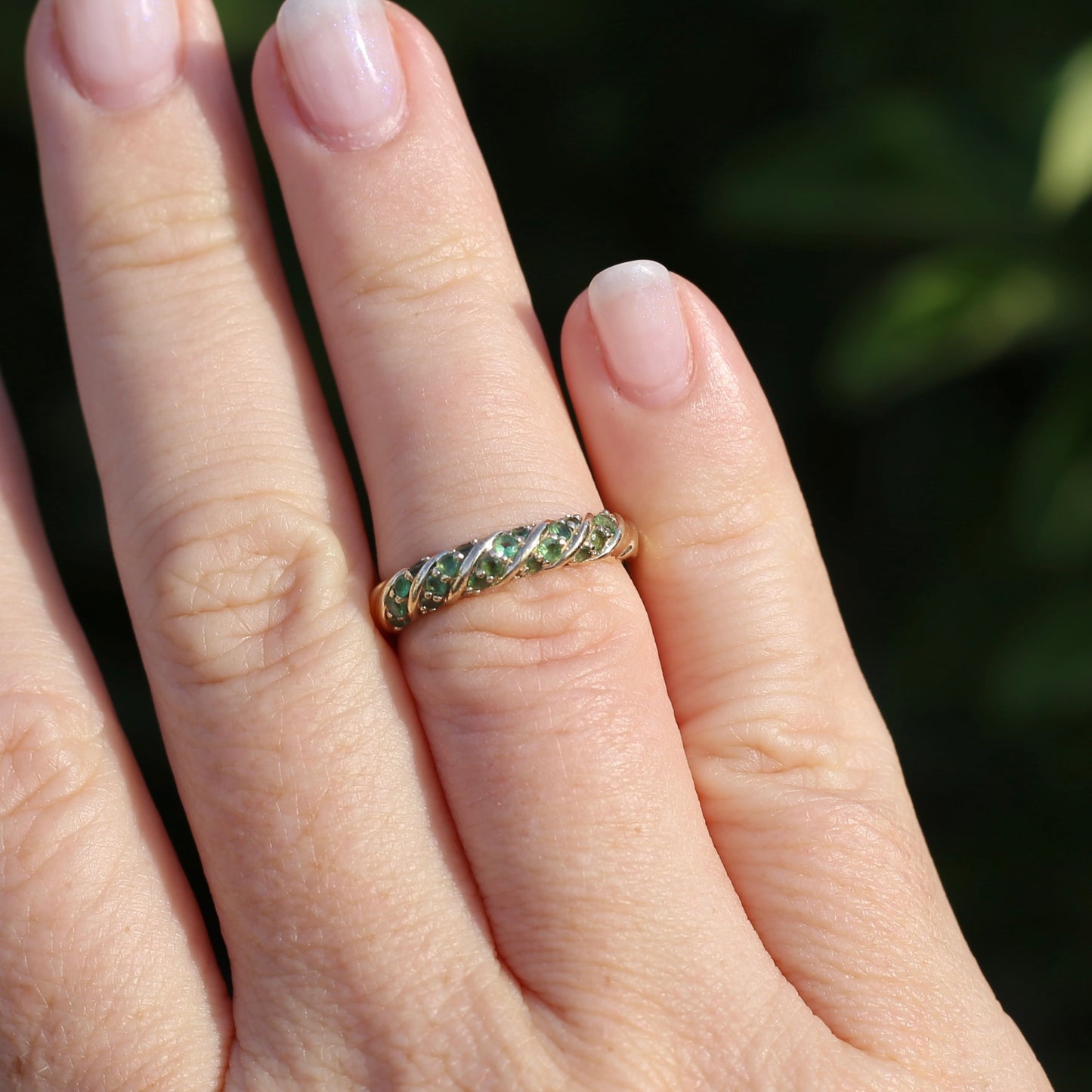 On hold Green Chrome Diopside or Garnet Rope Set Ring, 9ct Yellow Gold, size N or 6.75