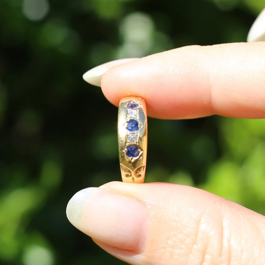 1897 Old Cut Sapphire and Diamond Five Stone Ring, 18ct Yellow Gold, size O or 7.25