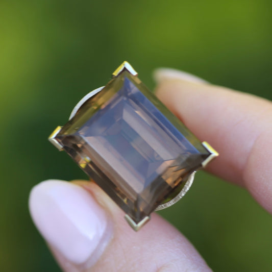 Mid Century 36ct Princess Cut Smoky Quartz Cocktail Ring, 9ct Yellow Gold, size N1/2 or 6.75