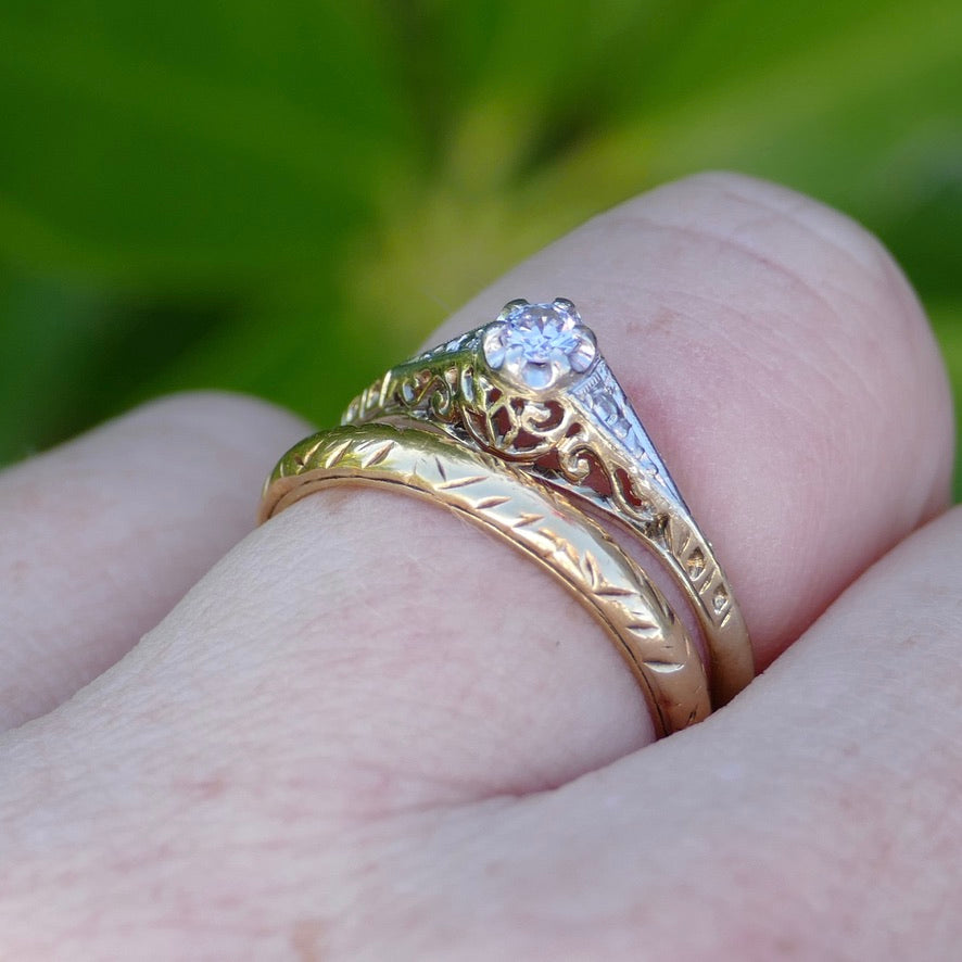 Hand Carved 1930s Filigree Mixed Metal Diamond Solitaire, 9ct White and Yellow Gold, size M1/2 or just under 6.5