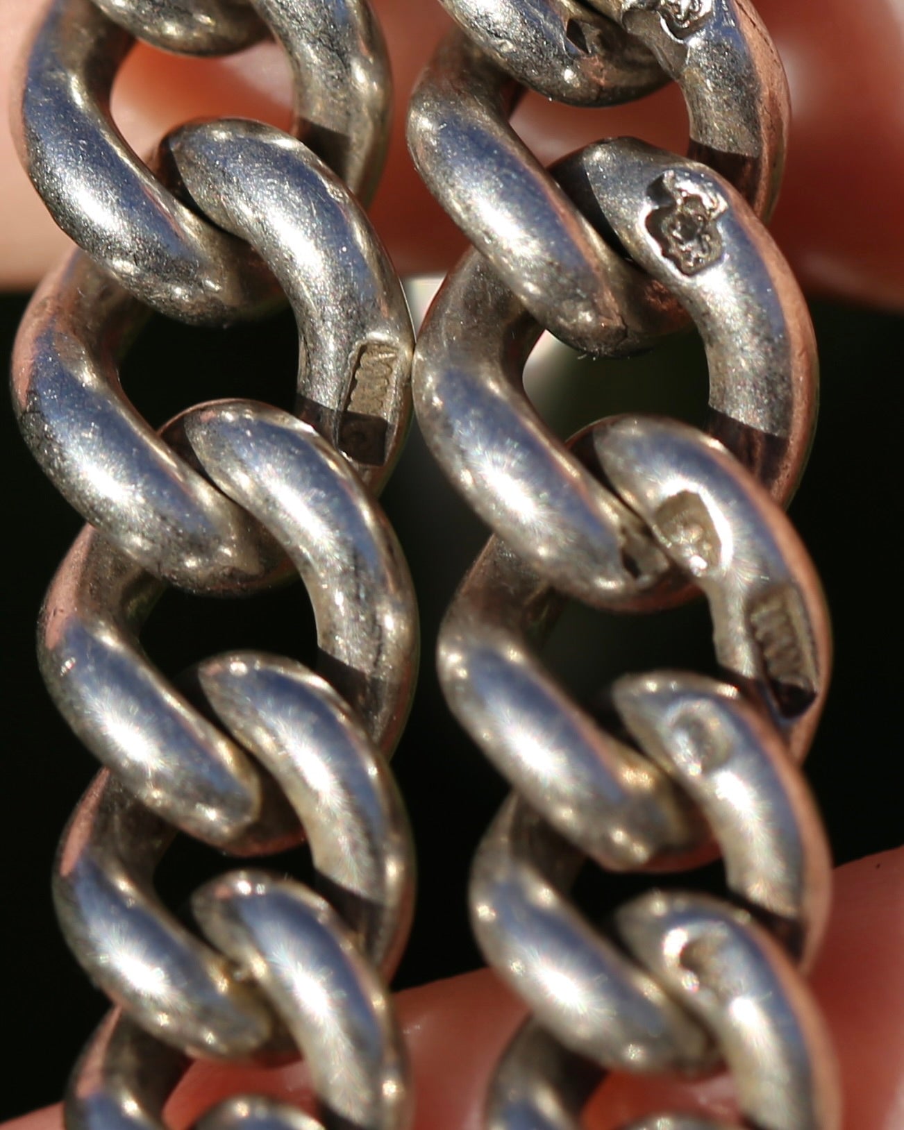 Antique 1920 Birmingham Made Double Graduated Watch Chain, Sterling Silver (and Rose Gold Face) T-Bar and Fob, 38.5cm, 53g